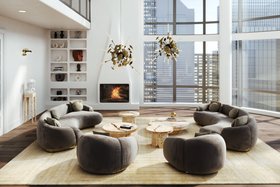 Living Room | autumn/winter reading corner in quiet luxury style with Soleil curvy grey sofa, Soleil cosy armchair, Empire poplar root center table, Supernova gold chandelier, White Garden neutral rug, shelves for storage, fireplace, and wood flooring