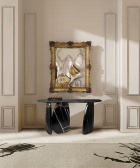 Entryway | white paint hallway in modern classic style for spring/summer season with Ardara dark marble console table, D. Dinis rococo gold wall mirror, Golden Bugs animal print rug, and marble flooring