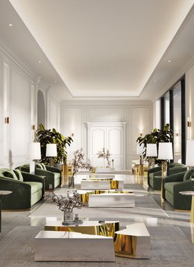 Living Room | white paint lobby in luxury modern style for spring/summer season with Wales deep green curvy sofa, Lapiaz gold center table, Ruin grey rug, Lapiaz table lamp, cushion, vase, and marble flooring