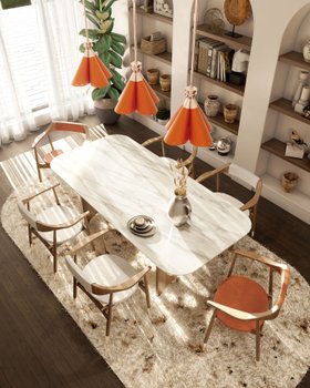 Dining Room | wabi sabi and japandi inspired dining set with Perry brown dining chair, Alberto white marble dining table, Laine retro orange pendant lamp, cosy terrazzo rug, shelves for storage, and wood flooring