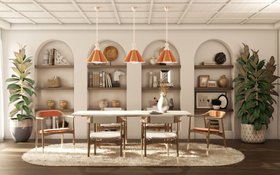 Dining Room | wabi sabi and japandi inspired dining set with Perry brown dining chair, Alberto white marble dining table, Laine retro orange pendant lamp, cosy rug, shelves for storage, vase, and wood flooring