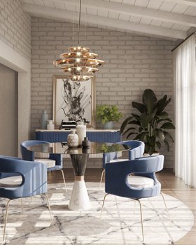 Dining Room | spring/summer decor in country cottage style with the retro Ellen curvy sky blue dining chair, Vinicius glass and marble dining table, Hendrix gold chandelier, Edith sideboard for storage, cosy striped rug, vase, curtain, and walnut wood flo