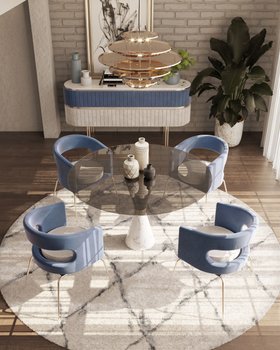 Dining Room | spring/summer decor in country cottage style with the retro Ellen curvy sky blue dining chair, Vinicius smoked glass dining table, Hendrix gold chandelier, Edith sideboard for storage, cosy striped rug, vase, and walnut wood flooring