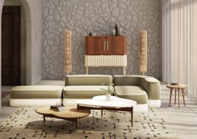 Living Room | wabi sabi inspired decor for spring/summer season with Kandi sage green modular sofa, Franco retro white center table, Hepburn brown wood cabinet for storage, Matheny gold floor lamp, cosy geometric rug, stone wall, and curtain