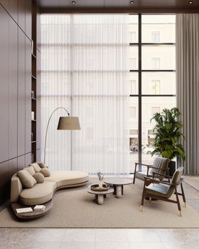 Living Room | mid century modern reading corner with Godard curvy white sofa, Sade floor lamp, Philip walnut wood and marble center table, Hudson retro armchair, cushion, cosy neutral rug, curtain, marble flooring, and vase