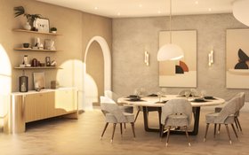Dining Room | spring/summer dining area in mid century modern style with Collins retro grey dining chair, Maxime wood dining table, Mirage white suspension lamp, Duncan beige sideboard for storage, shelves, and marble flooring
