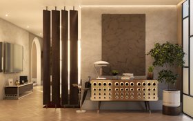 Entryway | mid century modern hallway in art deco style with Monocles metal gold sideboard for storage, Basie retro white table lamp, Gene umbrella stand, brown screen, wall art, vase, and wood flooring