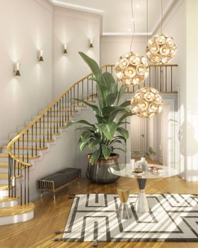 Hallway | spring/summer entryway in retro style with Vinicius glass and marble table, Botti art deco gold suspension lamp, Brando dark bench, Piazzola wall lamp, black and white geometric rug, staircase, wood flooring, and vase