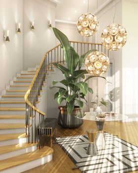 Hallway | spring/summer entryway in retro style with Vinicius glass and marble table, Botti art deco gold suspension lamp, Brando dark bench, Piazzola wall lamp, black and white geometric rug, staircase, wood flooring, and vase