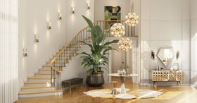 Hallway | spring/summer entryway in retro style with Vinicius glass and marble table, Botti art deco gold suspension lamp, Brando dark bench, Piazzola wall lamp, Mermaid rug, Monocles cabinet for storage, Diamond wall mirror, wood flooring, and vase