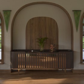Entryway | brown and white paint hallway in mid century modern style with Anthony walnut wood sideboard for storage, vase, and wood flooring