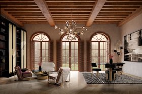 Open Space | autumn/winter living and dining room in cottage retro style with Minelli cosy brown armchair, Miller gold center table, Botti gold chandelier, Kerr dark dining chair, Neil floor lamp, dark striped rug, shutters, and wood flooring