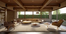 Living Room | spring/summer reading corner in mid century modern style with Godard cosy white sofa, Kayan marble center table, Virginia walnut wood office chair and ottoman, Sade curvy floor lamp, Ghibli terracotta armchair, and cosy grey rug