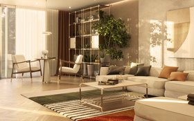 Living Room | spring/summer reading corner in mid century modern style with Kandi sage modular sofa, Lautner retro gold center table for storage, Simba colorful striped rug, Hudson brown and white armchair, Bertoia coffee table, and Blake cabinet