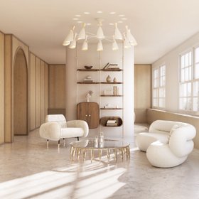 Living Room | spring/summer reading corner in mid century modern style with Newson glass and gold center table, Duke white suspension lamp, Marco cosy armchair, Zelda curvy sofa, Minelli retro walnut wood bookcase for storage, and marble flooring