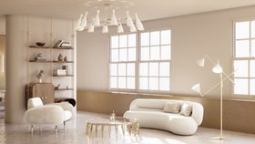 Living Room | spring/summer reading corner in mid century modern style with Newson glass center table, Duke white suspension lamp, Marco cosy armchair, Zelda curvy sofa, Minelli retro wood bookcase for storage, Sinatra floor lamp, cushion, and marble floo