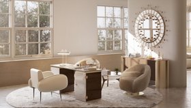 Office | spring/summer home office in mid century modern style with Lasdun brown wood desk, Quantum exquisite wall mirror, Mansfield curvy grey armchair, Marco retro white armchair, Duncan cabinet for storage, Nancy table lamp, and Oslo cosy rug