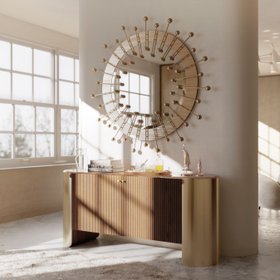 Office | spring/summer home office in mid century modern style with Quantum exquisite gold wall mirror, Duncan brown wood cabinet for storage, and marble flooring