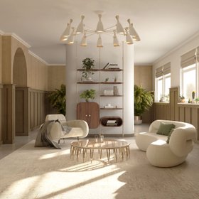 Living Room | spring/summer reading corner in mid century modern style with Newson glass center table, Duke white suspension lamp, Marco cosy retro armchair, Zelda curvy white sofa, Minelli brown wood bookcase for storage, grey rug, blanket, and vase