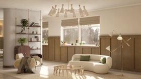 Living Room | spring/summer reading corner in mid century modern style with Newson glass center table, Duke white suspension lamp, Marco cosy retro armchair, Zelda curvy white sofa, Minelli brown wood bookcase for storage, Sinatra floor lamp, and cushion