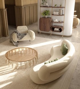 Living Room | spring/summer reading corner in mid century modern style with Newson glass center table, Marco cosy retro armchair, Zelda curvy white sofa, Minelli brown wood bookcase for storage, grey rug, cushion, blanket, vase, and marble flooring