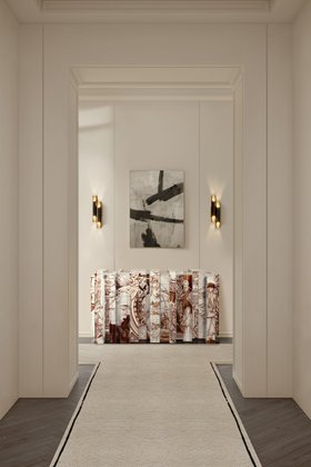 Hallway | white paint entryway in mid century modern style with Heritage brown sideboard for storage, Galliano retro dark wall lamp, cosy rug, wood flooring, and wall art