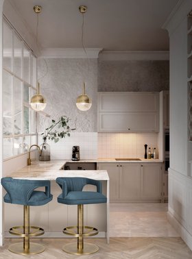 Kitchen | white paint kitchen island in cottage style with Karoo II blue counter stool, Niku gold pendant lamp, cabinet for storage, vase, and wood and marble flooring