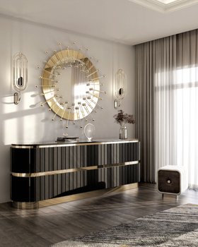 Entryway | autumn/winter hallway in retro style with Quantum exquisite gold wall mirror, Antin dark wood sideboard for storage, Turner wall lamp, Minelli stool, curtain, and brown wood flooring
