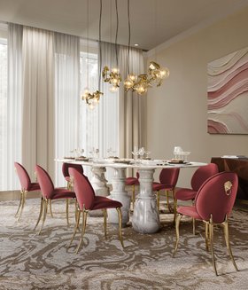 Dining Room | spring/summer dining set in modern classic style with Pietra white marble dining table, Soleil bright pink dining chair, Hera gold suspension lamp, Sistine beige rug, and curtain