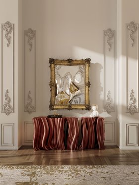 Hallway | white paint entryway in modern classic style with Monochrome deep red sideboard, D. Dinis exquisite gold wall mirror, rococo wall art, and brown wood flooring