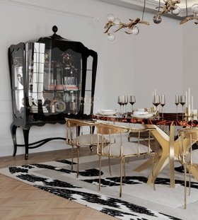 Dining Room | spring/summer dining set in modern classic style with Palace antique dark display case for storage, Nº11 gold dining chair, Imperial Snake animal print rug, Patch brown wood dining table, Hera suspension lamp, and wood flooring