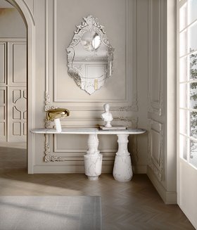 Hallway | grey paint entryway in modern classic style with Pietra white marble console, Veneto exquisite wall mirror, retro gold table lamp, rococo wall art, and wood flooring