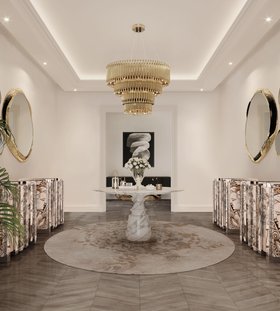 Hallway | spring/summer entryway in retro style with Vinicius glass and marble table, Botti art deco gold suspension lamp, Brando dark bench, Piazzola wall lamp, black and white geometric rug, staircase, wood flooring, and vase