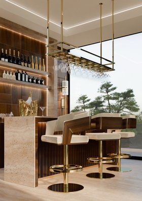 Bar | brown wood bar area in luxury modern style with Galea curvy gold bar chair and Liberty Torch wall lamp