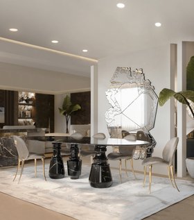 Dining Room | modern classic dining area in luxury style with Pietra dark marble dining table, Soleil grey and gold dining chair, Venice rococo exquisite wall mirror, and Sistine rug