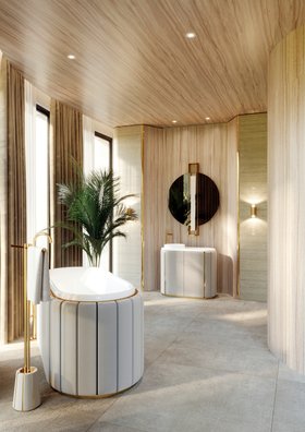 Master Bathroom | neutral bathroom in brown wood finishes with Darian white bathtub, Shield gold wall mirror, Darian vanity cabinet for storage, Darian towel rack, Waterfall wall lamp, vase, curtain, and wood flooring