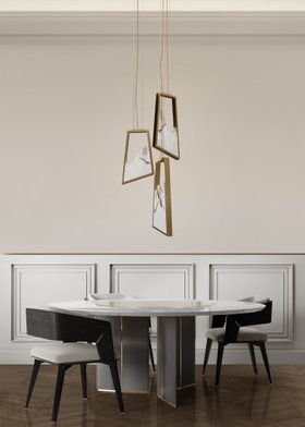 Dining Room | autumn/winter dining area in luxury modern style with Algerone white marble dining table, Magna gold suspension lamp, Galea dark dining chair, and brown wood flooring