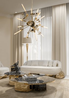 Living Room | autumn/winter decor in mid century modern style with Angra cosy white sofa, Ophelia dark marble center table, Supernova gold chandelier, Miles retro floor lamp, White Garden neutral rug, cushion, and curtain