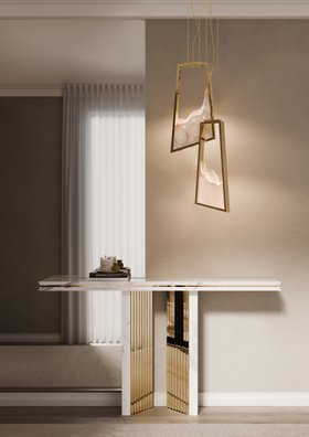 Hallway | luxury modern hallway with Beyond white marble console table, Magna gold suspension lamp, wall mirror, and curtain