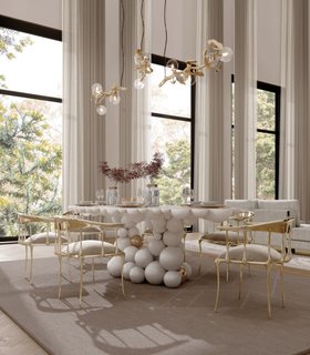 Dining Room | spring/summer dining set in modern classic style with Newton white dining table, Nº11 curvy gold dining chair, Hera suspension lamp, neutral rug, and curtain