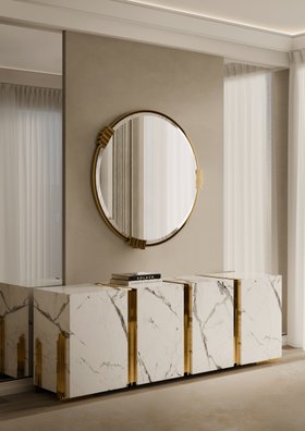 Hallway | beige paint entryway in luxury modern style with the white marble Tenor sideboard for storage, Vertigo gold wall mirror, and curtain