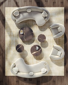 Outdoors | outdoor living area with Empire walnut wood center table in gold details, Soleil curvy white sofa, Soleil cosy armchair, Soleil curvy grey sofa, White Garden neutral rug, cushion, and brown wood flooring