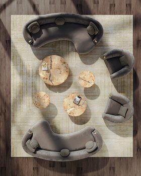 Outdoors | outdoor living area with Empire poplar root center table, Soleil curvy grey sofa, Soleil cosy armchair, Soleil curvy dark sofa, White Garden neutral rug, cushion, and brown wood flooring