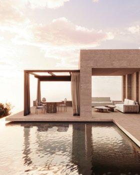 Outdoors | outdoor pool area with Enchanted brown wood dining table, Enchanted white dining chair, Myth coffee table, Sofia sofa, curtain, and wood flooring