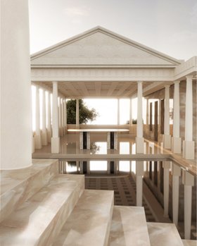 Outdoors | outdoor pool area in antique greek style with Paris white travertine marble oval dining table, pillars, and staircase