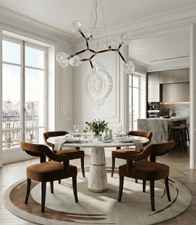 Dining Room | autumn/winter dining and kitchen area in modern classic style with Oka curvy terracotta dining chair, Agra white marble dining table, Horus glass suspension lamp, Uzu brown rug, and wood flooring