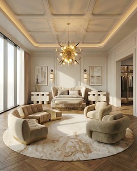 Bedroom | bedding area in neutral modern style with Andes cosy white bed, Shinto bedside table for storage, Outburst gold chandelier, Pharo wall lamp, Mecca bench, Essex modular sofa, Gobi brown round rug, curvy armchair, and walnut wood flooring