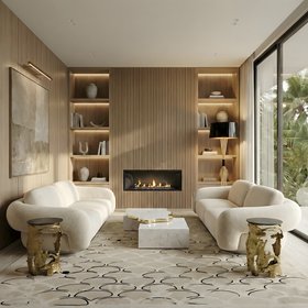 Living Room | autumn/winter reading corner in quiet luxury style with Navarra white marble center table, Cay gold side table, Koi neutral rug, Miles retro floor lamp, curvy white sofa, shelves for storage, wood wall panel, wall lamp, and fireplace