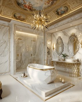 Bathroom | white marble bathroom in modern classic style with Diamond bathtub, Mecca washbasin, Outburst gold and dark chandelier, Veneto rococo wall mirror, Cay wall lamp, towel rack, shower, shelves for storage, ceiling wallpaper, and marble flooring