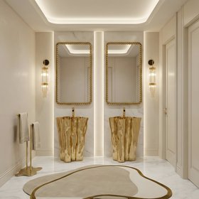 Bathroom | white marble bathroom in gold details with Eden freestanding, Orbis wall mirror, Pharo crystal wall lamp, Blush neutral rug, Eden towel rack, and marble flooring